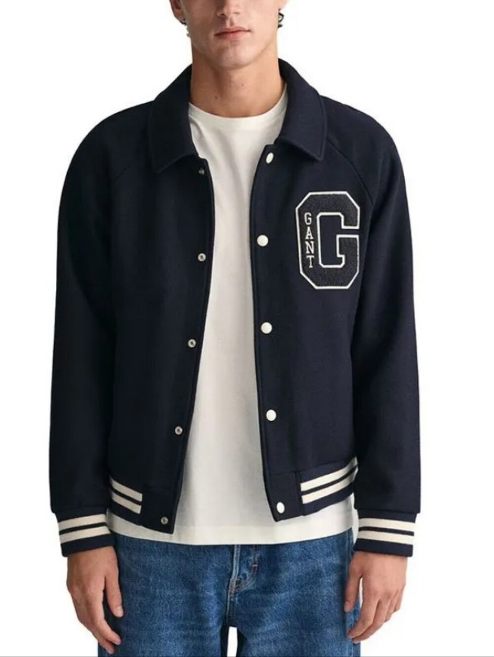 Gant Men's Navy Wool-Cotton Varsity Bomber Jacket Black- White Size 5xl